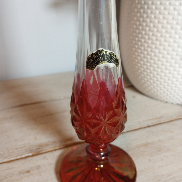 Mid Century Atomic Swung Sangria bud vase Red pedestal Rainbow art co hand blown - Picture 4 of 9